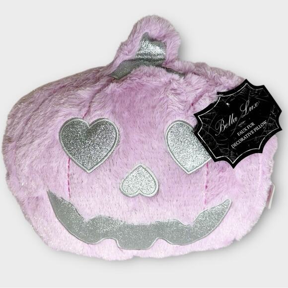 Bella Luxx 15” Heart Eye Pumpkin Pillow Pink and Silver Metallic Halloween - Picture 5 of 6
